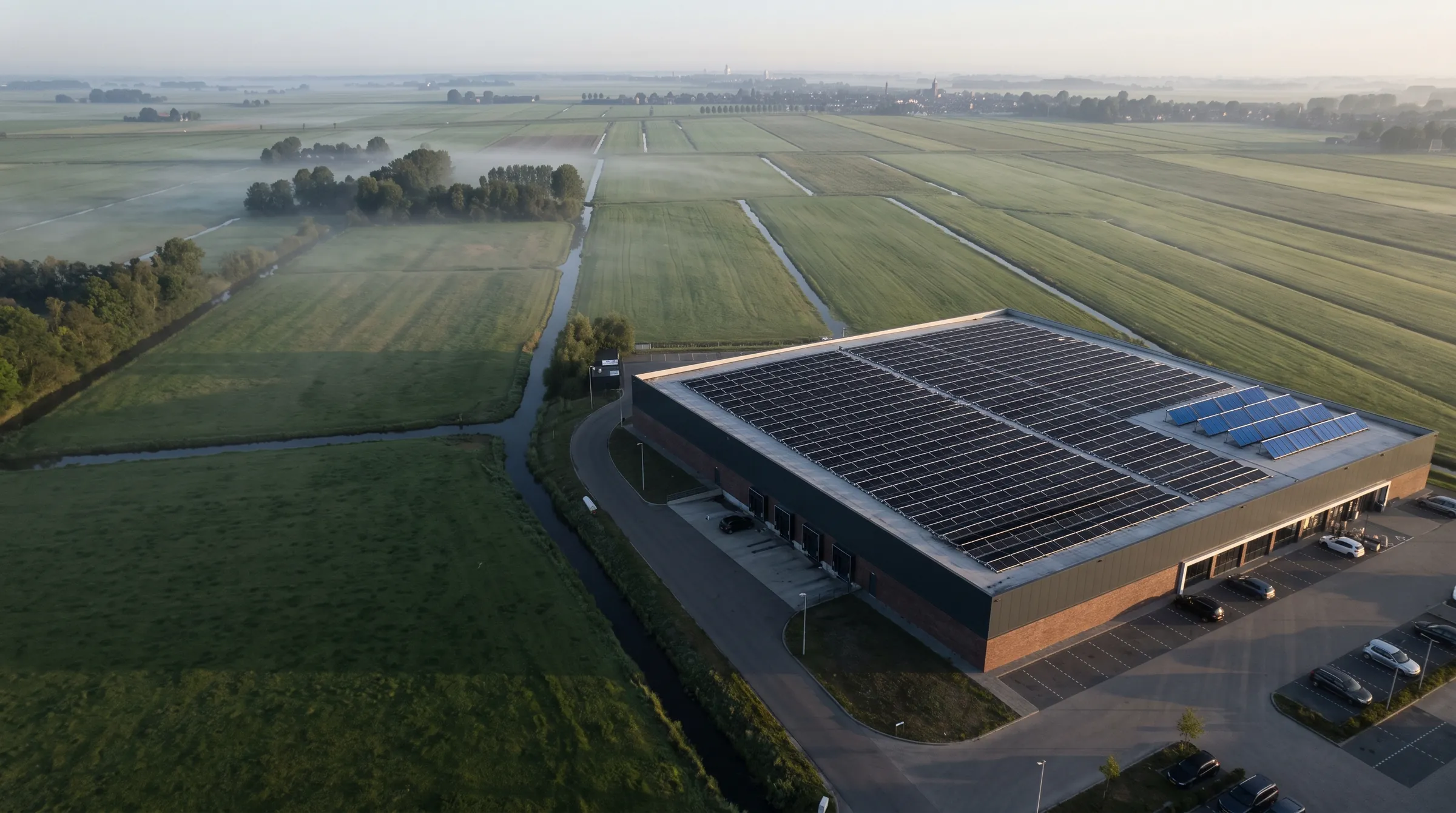 Bedrijfspand met zonnepanelen en zonnecollectoren op het dak, in het Nederlandse polderlandschap