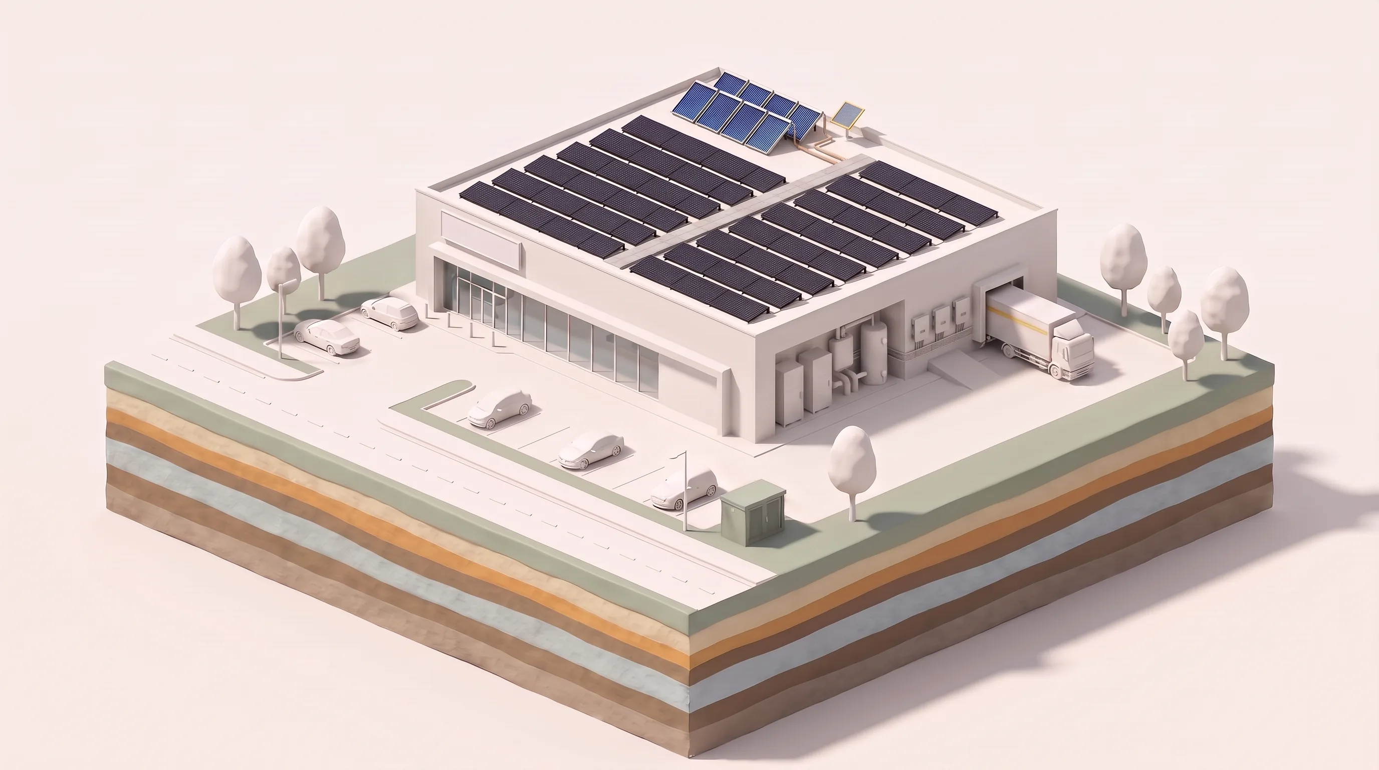 Illustratie van een supermarkt met zonnepanelen, zonnecollectoren, een technische ruimte met warmtepompen en aardsondes in de bodem